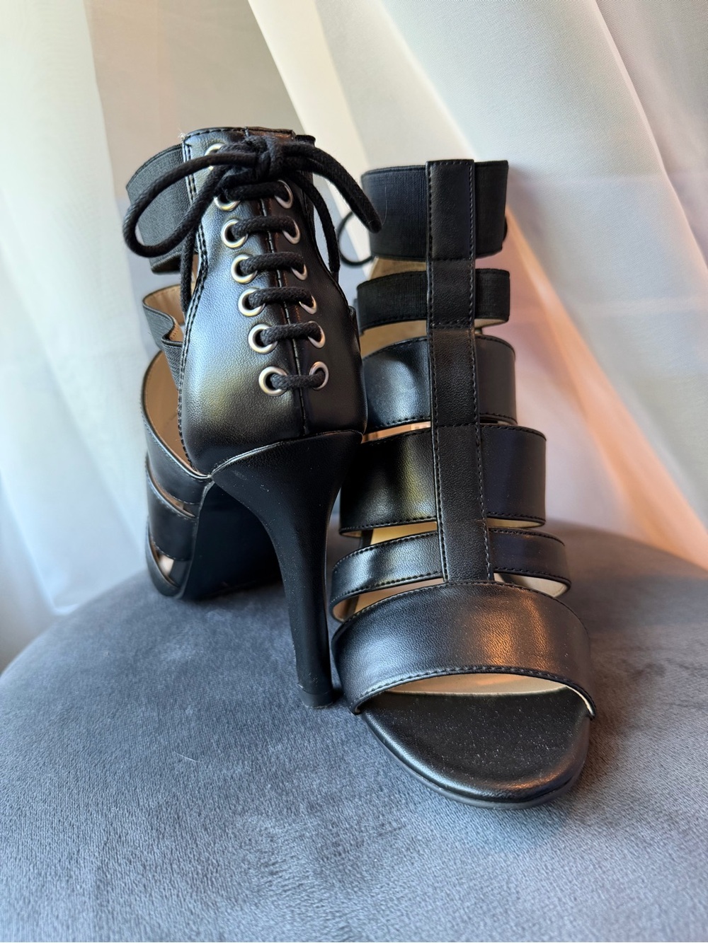 Nine West Black Strappy Lace-back High Heel Sandals